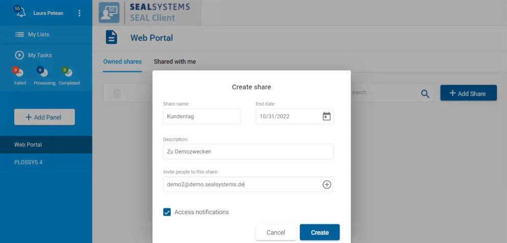 Web Portal view when creating a share