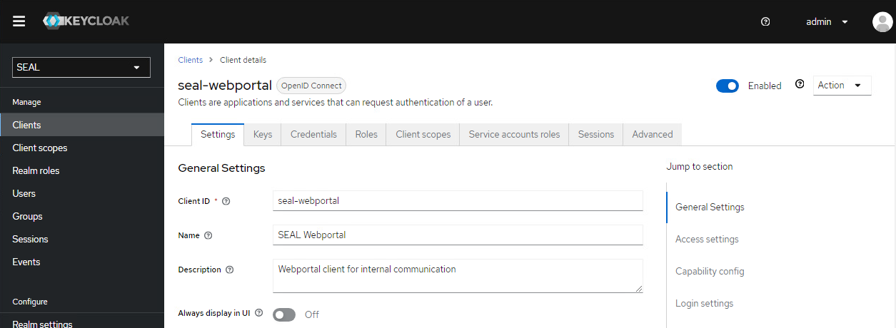 Client Settings for the seal-webportal client in Keycloak