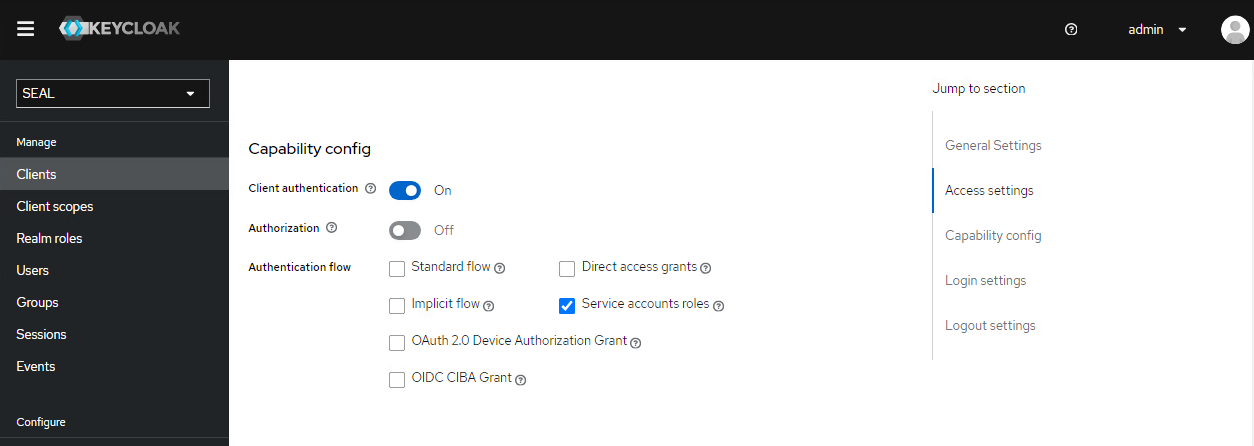 Client Settings for the seal-webportal client in Keycloak