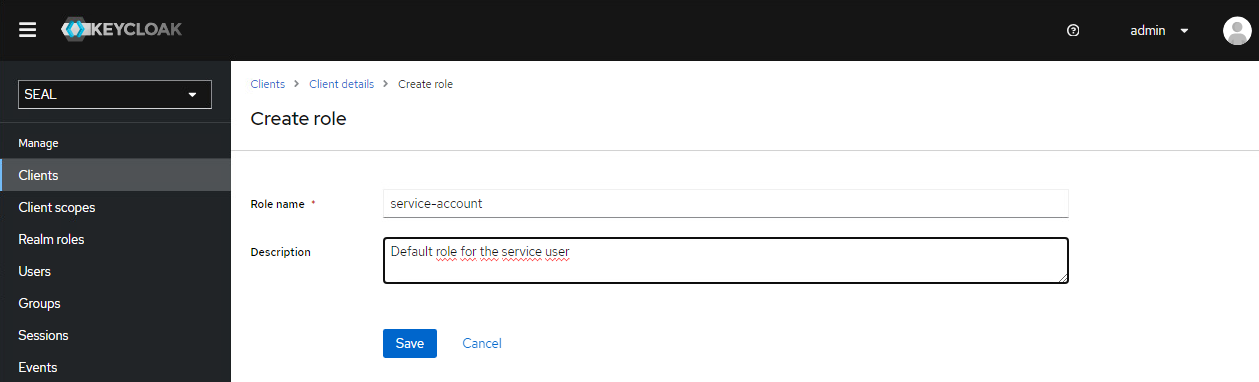 Dialogue for adding a role for the seal-webportal client in Keycloak