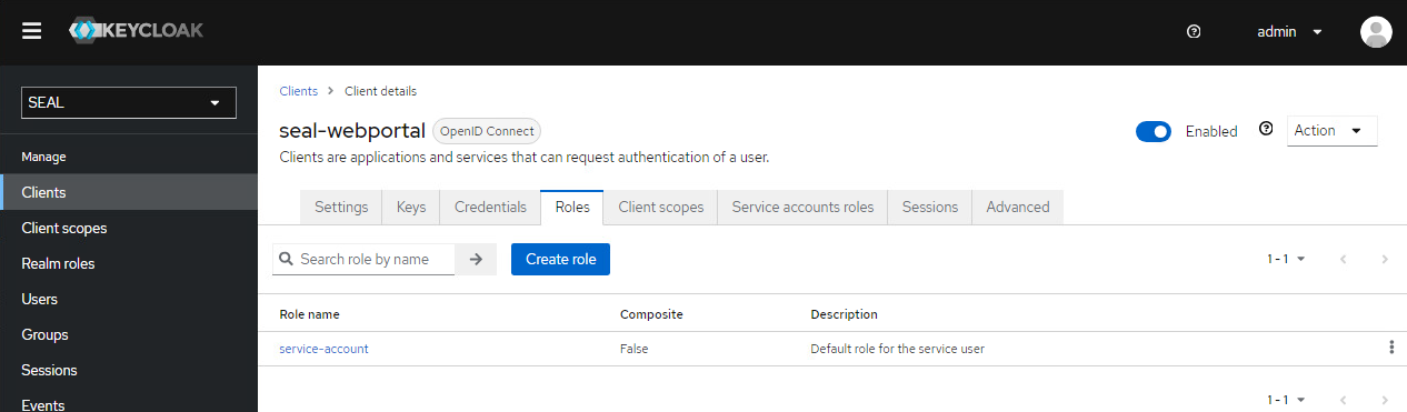 Final view of the roles settings for the seal-webportal client in Keycloak